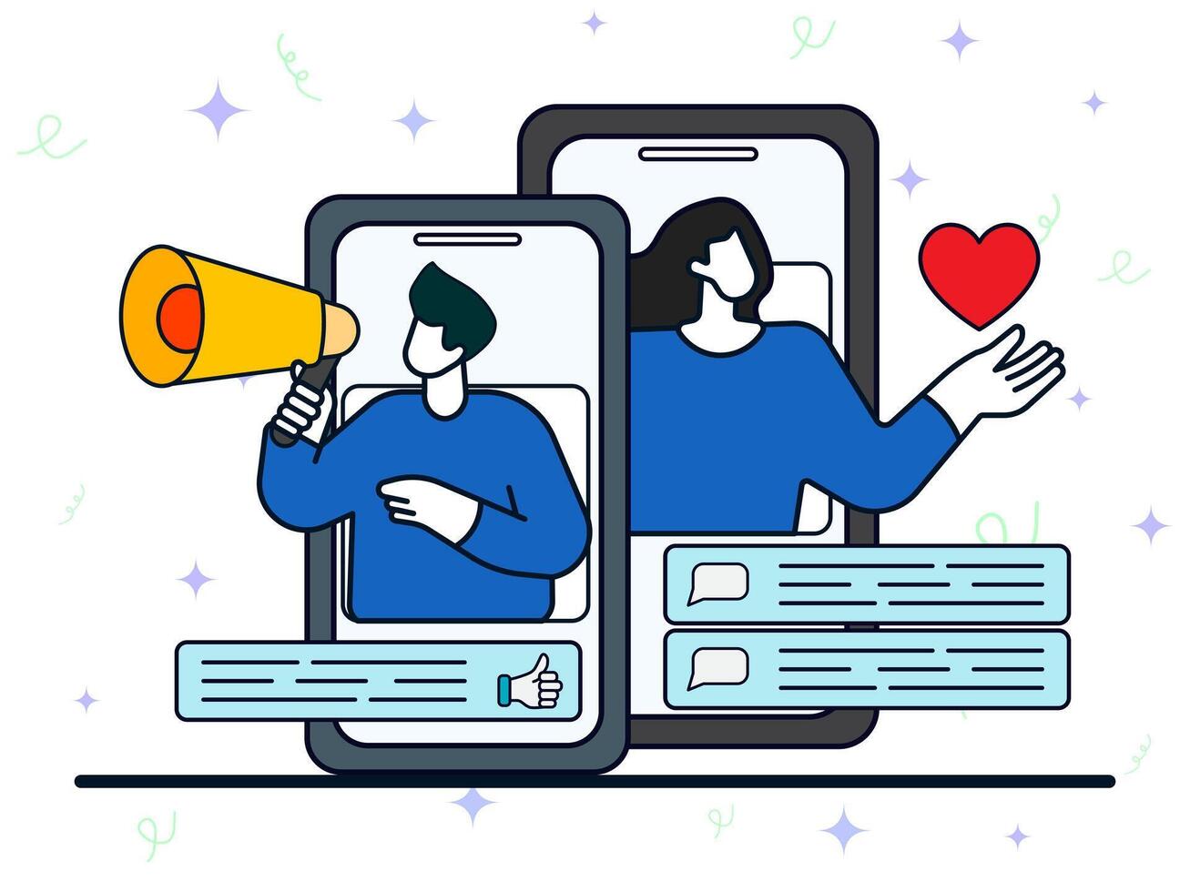 Media promotion concept. Woman and male using smartphone to push advertising on social media. Social network, sharing content, viral media, comment and like, digital marketing. vector