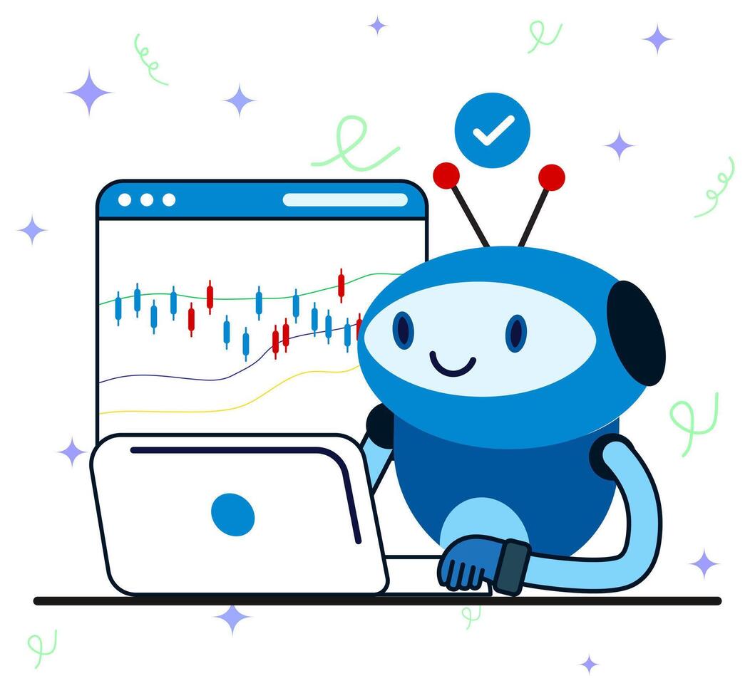 Robotic using laptop to monitoring forex trading. Artificial intelligence robot assistance for tock trading or crypto currency investing, technical analysis for investment, vector