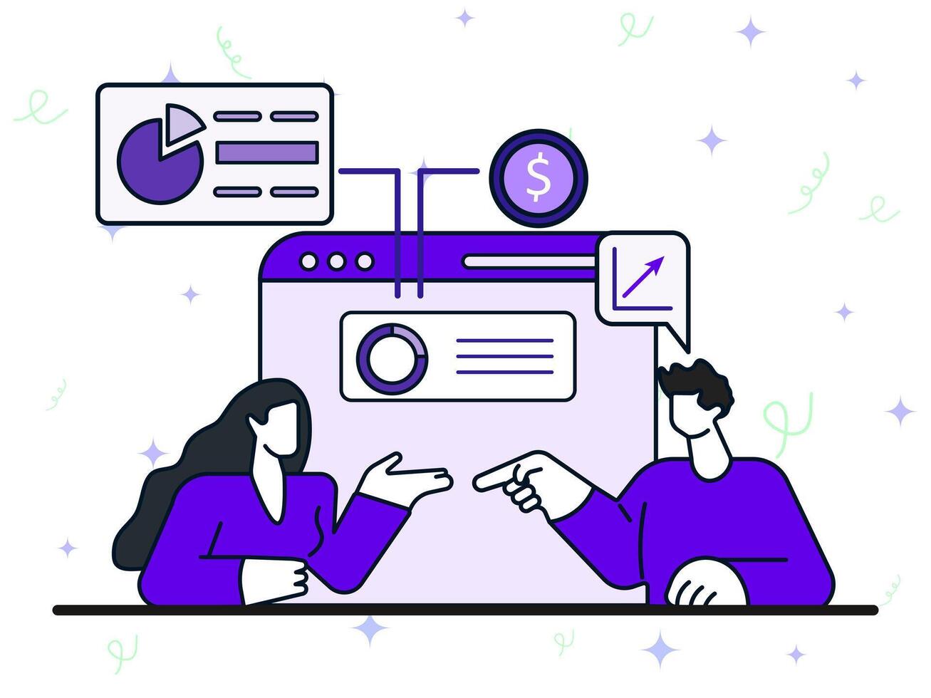 A woman is discussing with a man about business financial development presentation. Briefing teamwork concept with dashboard shown business growth. vector