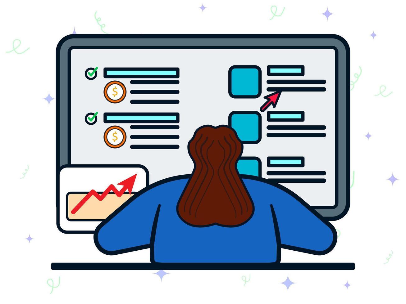 Business management and accounting concept. Businesswoman sitting at desk and working with computer, checking financial charts, managing online finances. vector