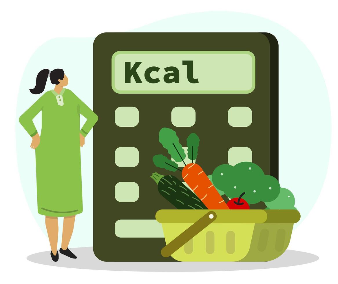 Woman looks at calculator to calculate the number of calories of vegetables in shopping cart. Healthy food for diet concept. Organic groceries eco, organic grocery store vector