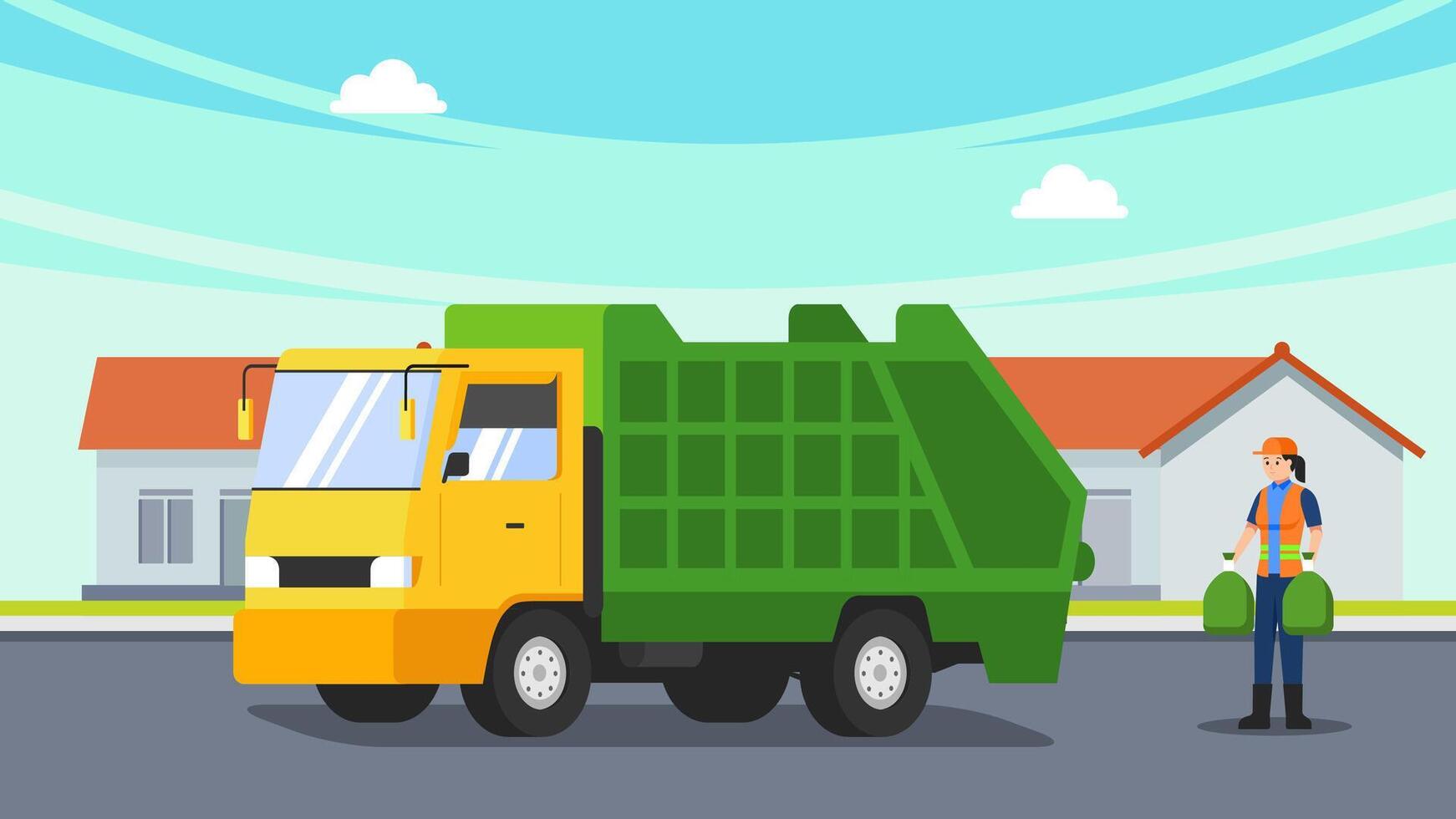 female street cleaners working at road. City landscape with janitors and garbage truck flat illustration. Cleaning service concept vector