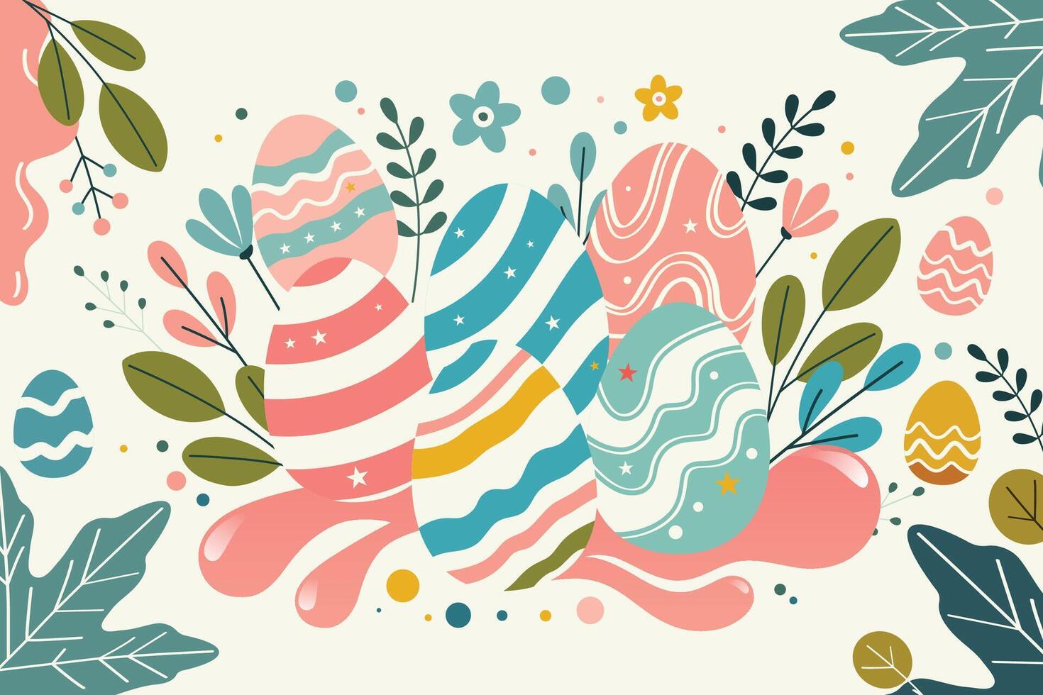 A trendy Easter illustration with pastel eggs, wavy stripes, stars, and leaves on a soft background. A cheerful, modern design perfect for banners, cards, and festive decor vector