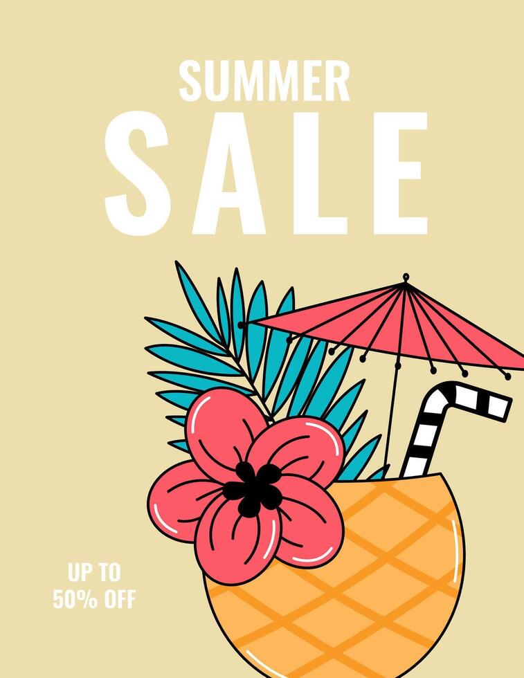Summer sale poster. Pineapple exotic cocktail with flower, straw, umbrella and palm leaf. Retro illustration vector