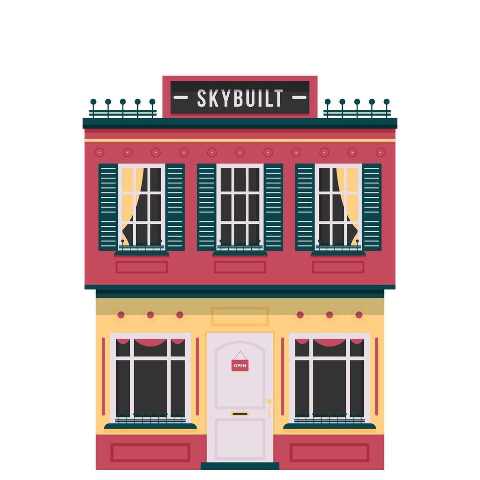 Urban house in flat design. Twostory building in european style front view with roof with doors and windows. illustration isolated on white background. vector