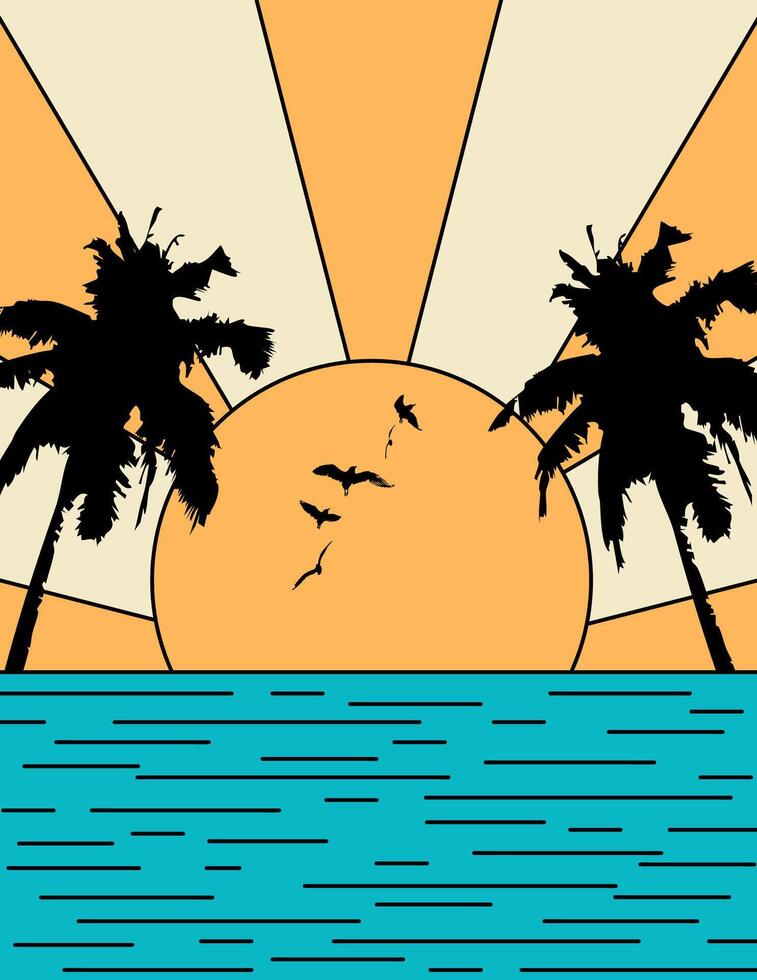 Summer vibes poster. Silhouette palm trees and birds on the sea. Sunset sky background. Retro illustration vector