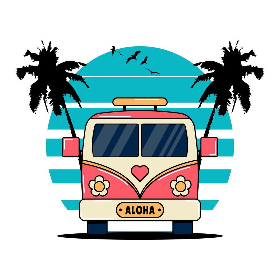 Vintage bus with palm trees and birds. Flat hippie van design for tshirt and other. Summer tourist bus, family travel. Retro illustration isolated on white background vector