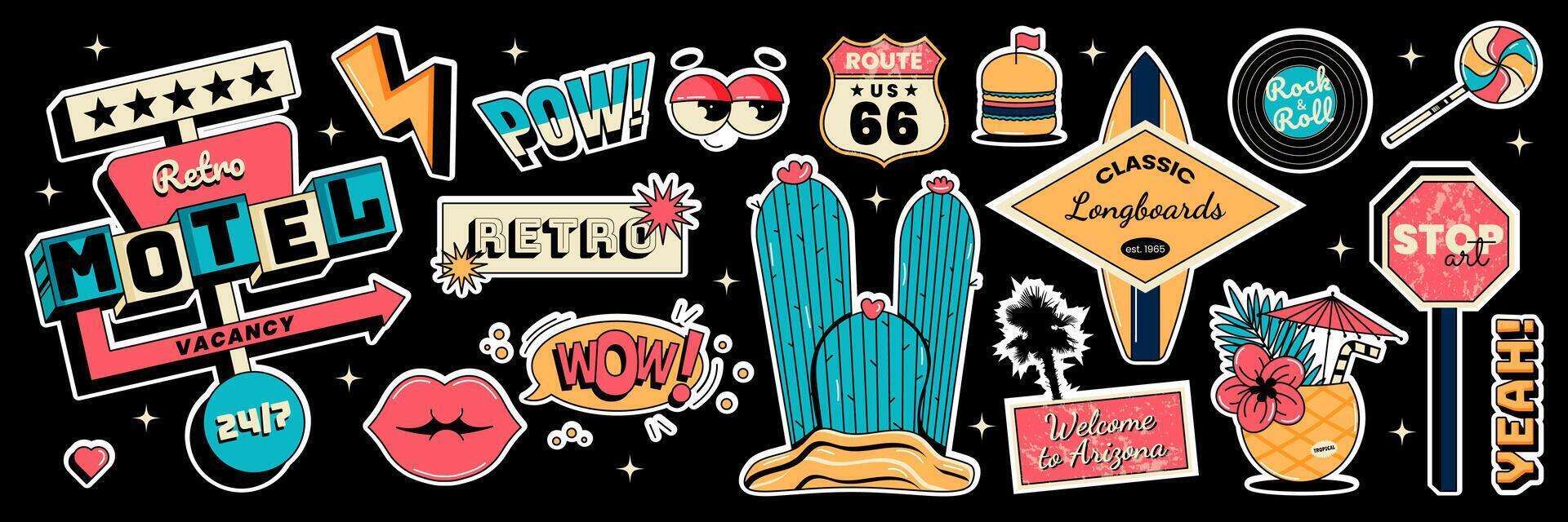 Summer party or vacation sticker set isolated on black background. Motel sign, surfboard, cactus, cocktail, lips, road stop sign and more. illustration vector