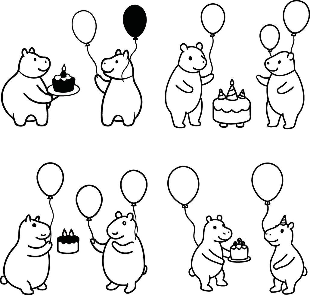 Cute wild and zoo animal set in line art, featuring a hippo for coloring. vector