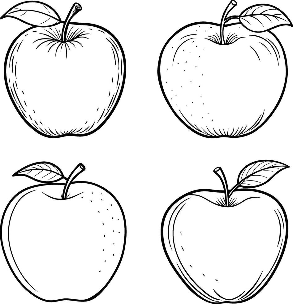 Red apple with a green leaf in a simple and fresh line art coloring page illustration vector