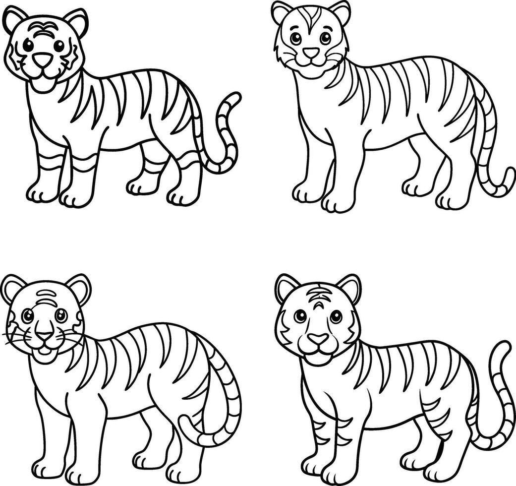 Set of cartoon tiger illustrations in line art for coloring page vector