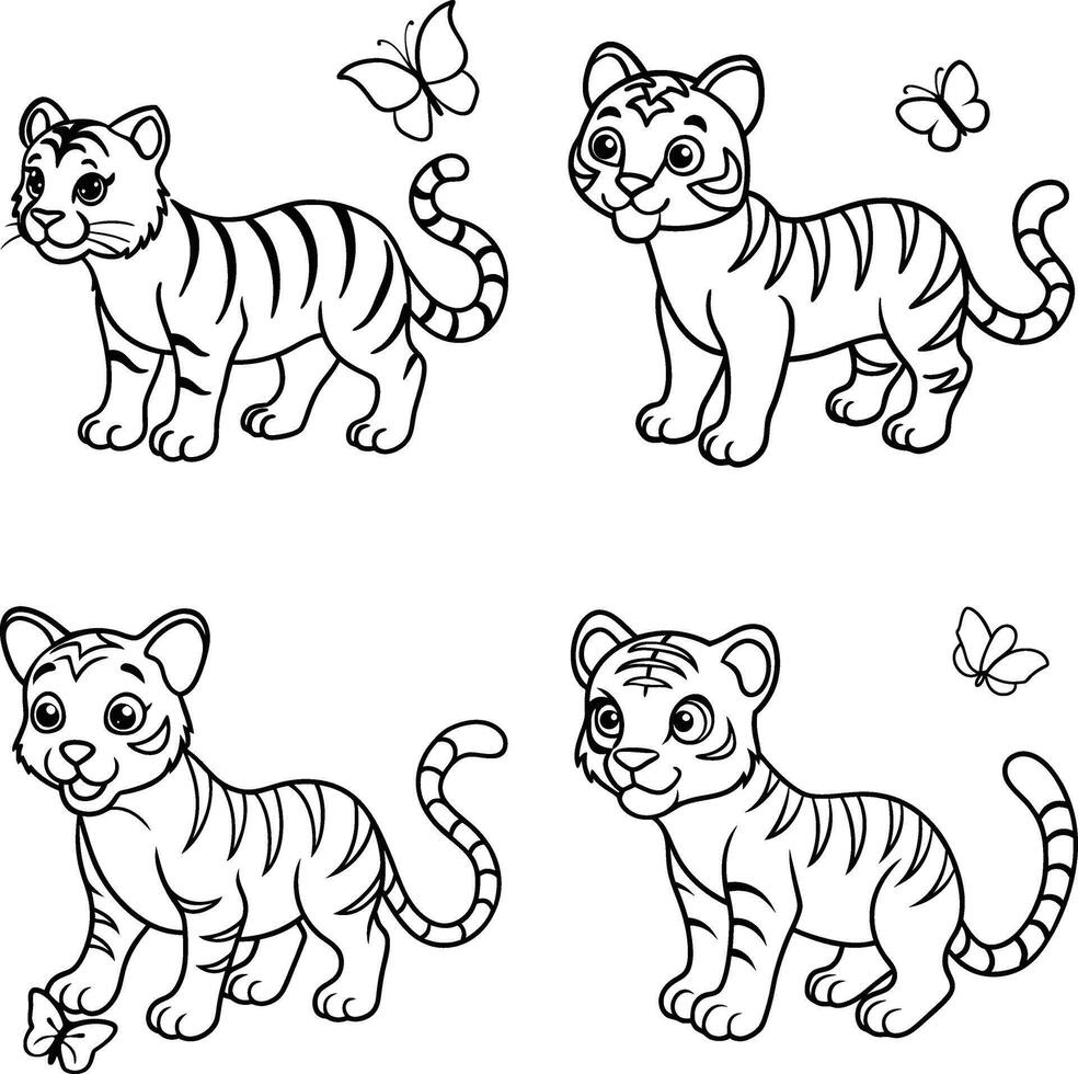 Set of cute tiger drawings in cartoon style for coloring vector