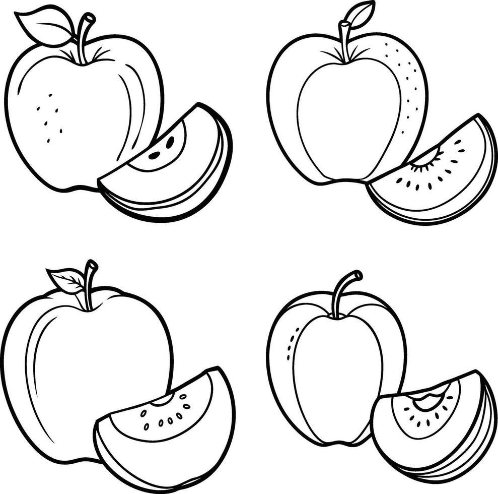 Minimalist line art coloring page of a red apple with a green leaf in a fresh and healthy design vector