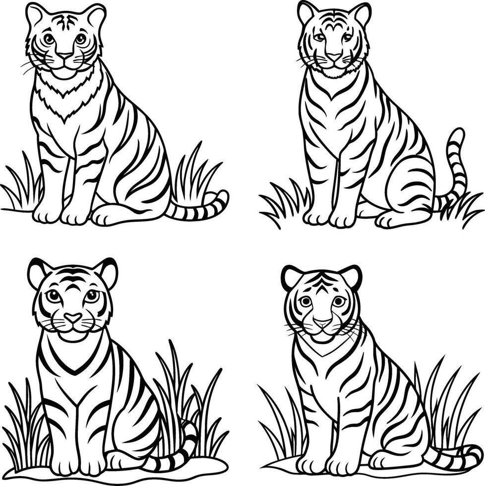 Playful tiger illustrations in black and white for coloring vector
