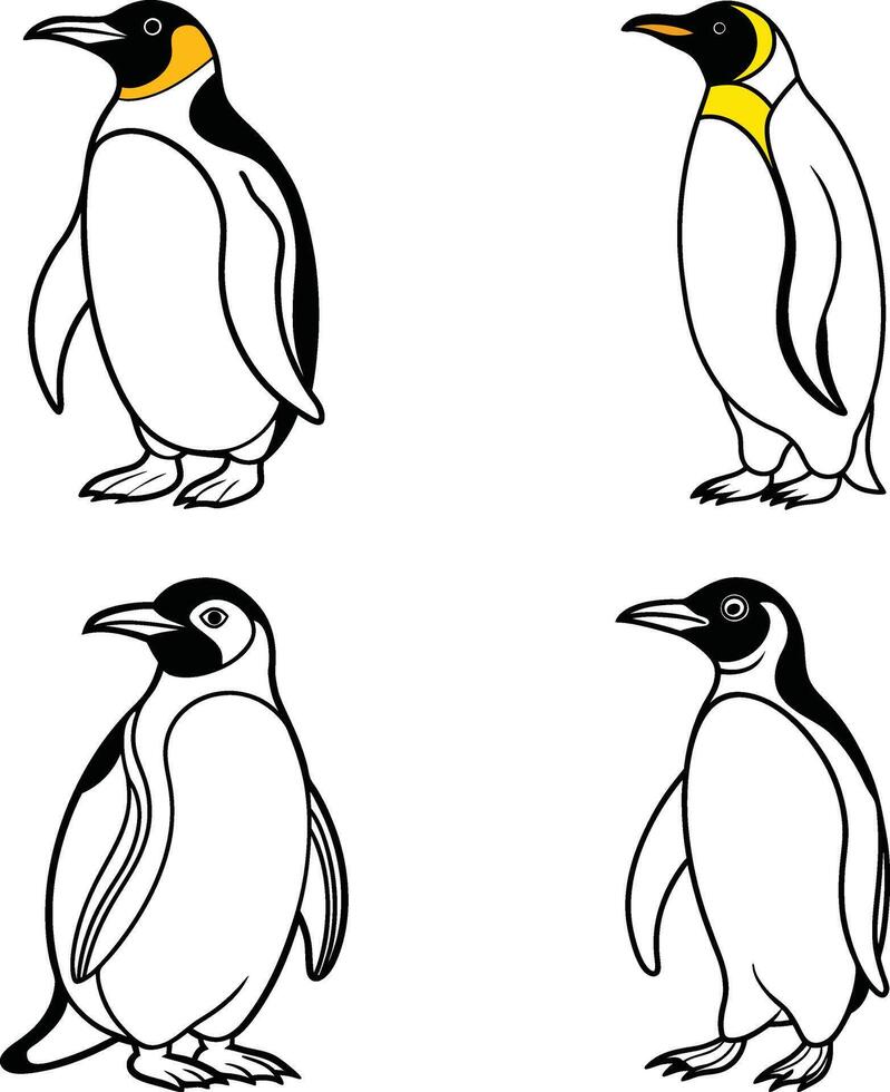 Adorable penguin family enjoying winter activities line art coloring page vector