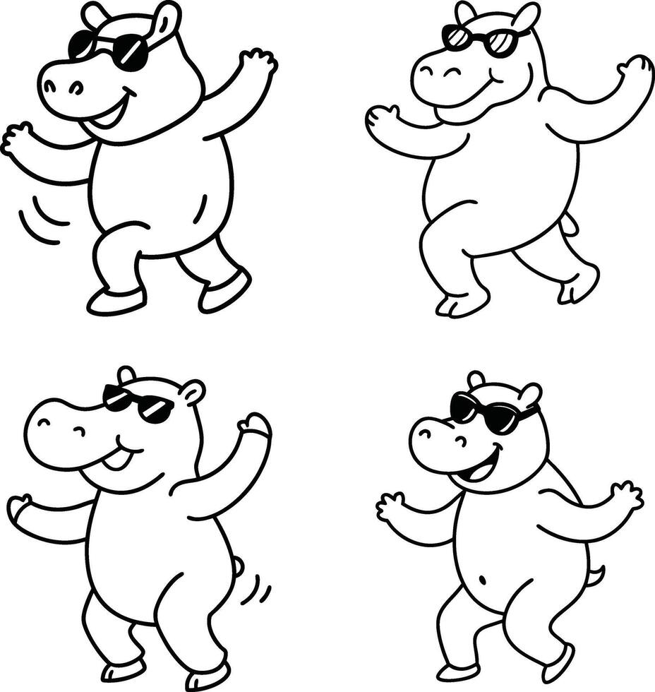 Playful illustration of wild and zoo animals with a hippo in line art style. vector