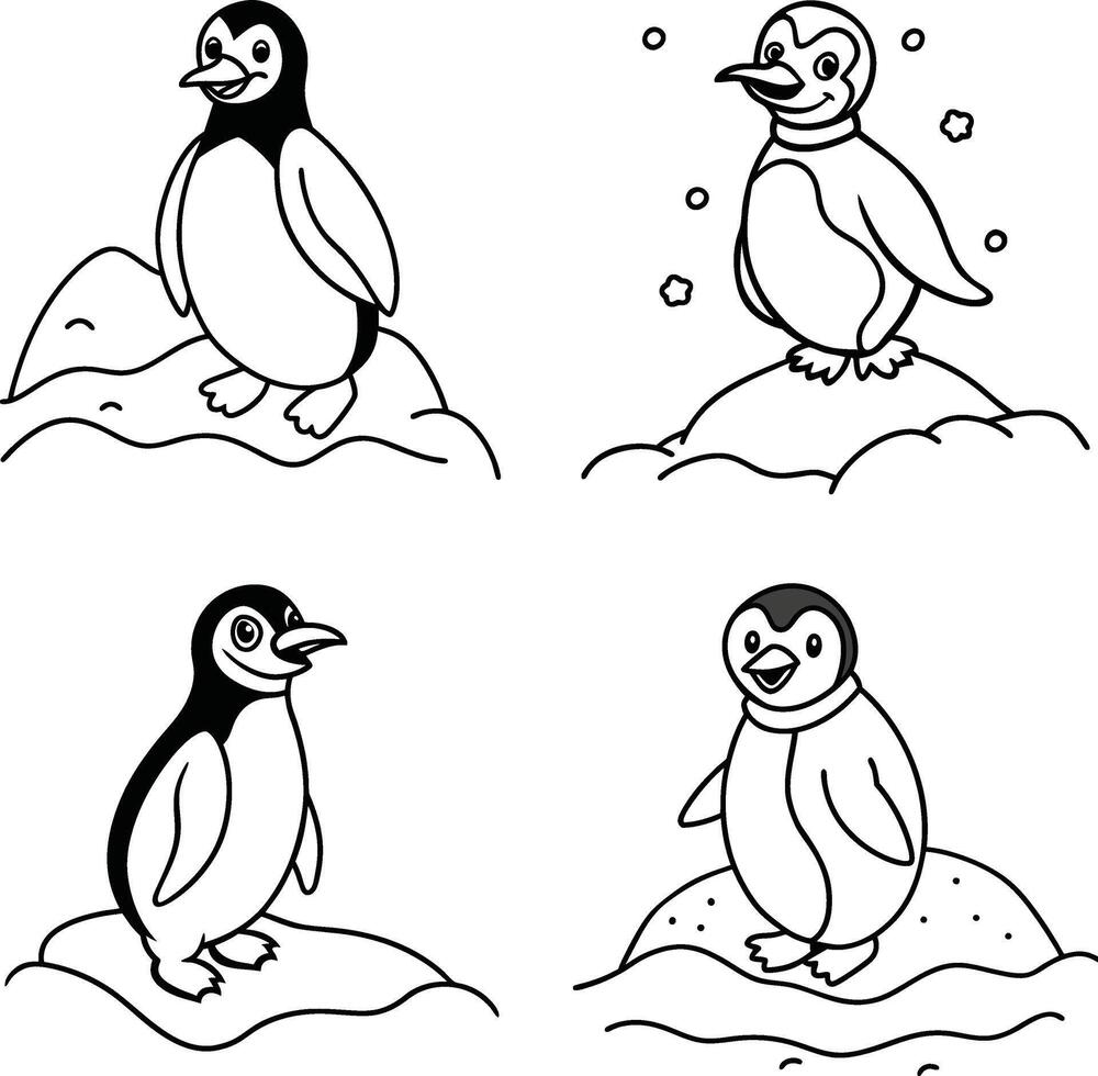 Cheerful penguins enjoying wintertime outline drawing for coloring vector