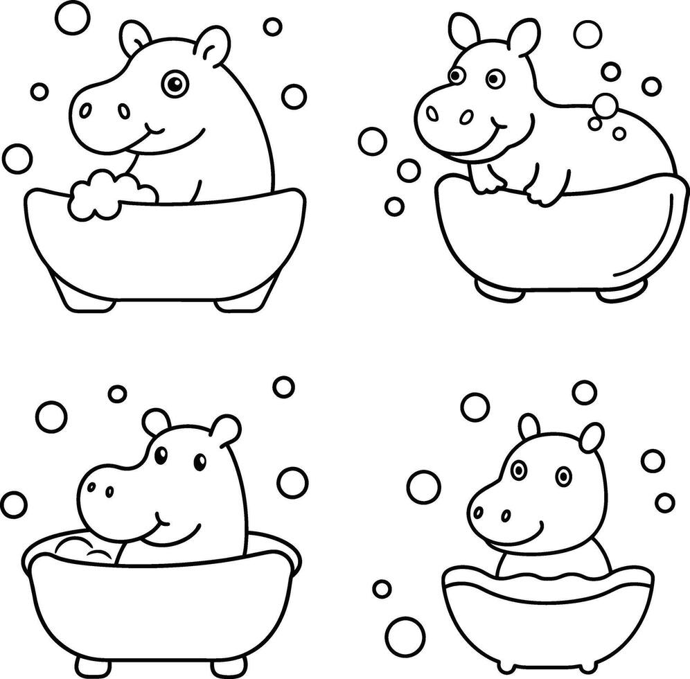 Adorable wild and zoo animal illustration, including a hippo, in a line art coloring page. vector