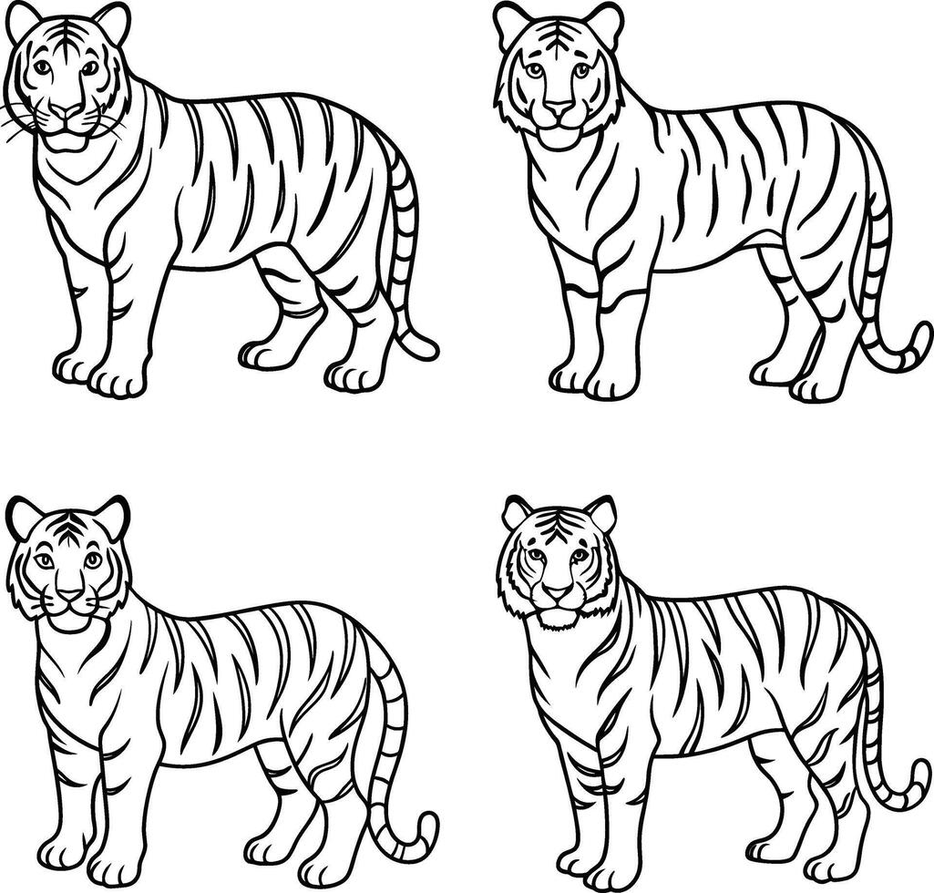 Collection of tiger drawings in cartoon style for coloring page vector