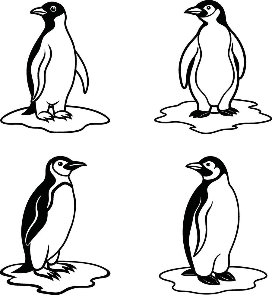 Fun loving penguin family in a snowy setting line art coloring page vector