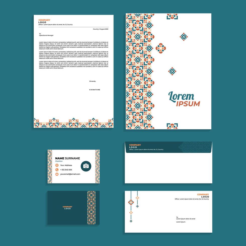 Stationery Set Design with Islamic Geometric Ornament Border vector