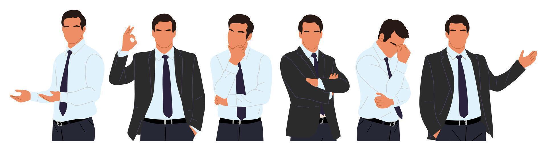 Business man character with different gesture set vector