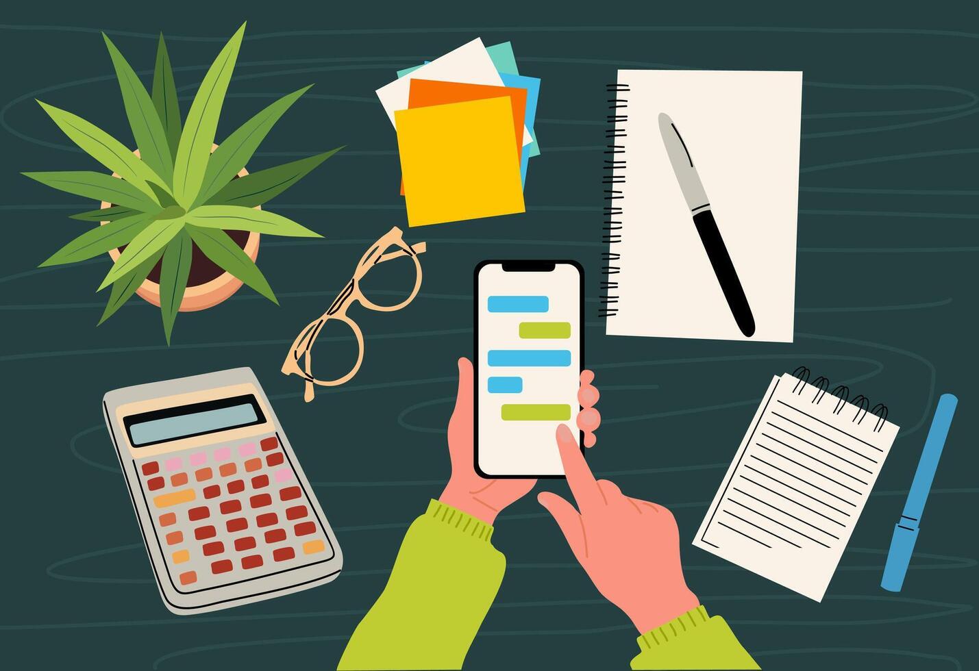 illustration of a workplace desk top view vector