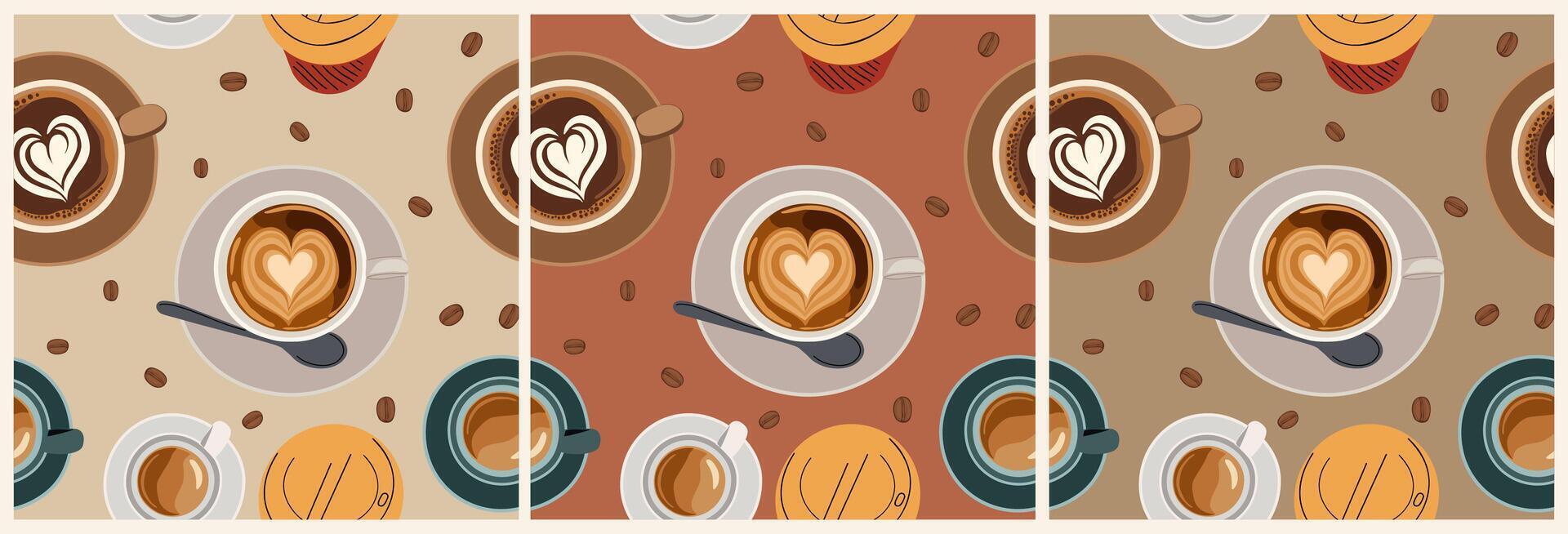 Seamless coffee pattern with top view cups, beans vector