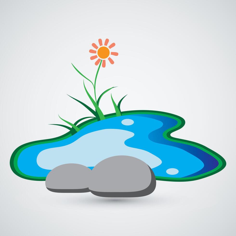 Illustration of a natural pond of flowers, rocks and grass plants vector