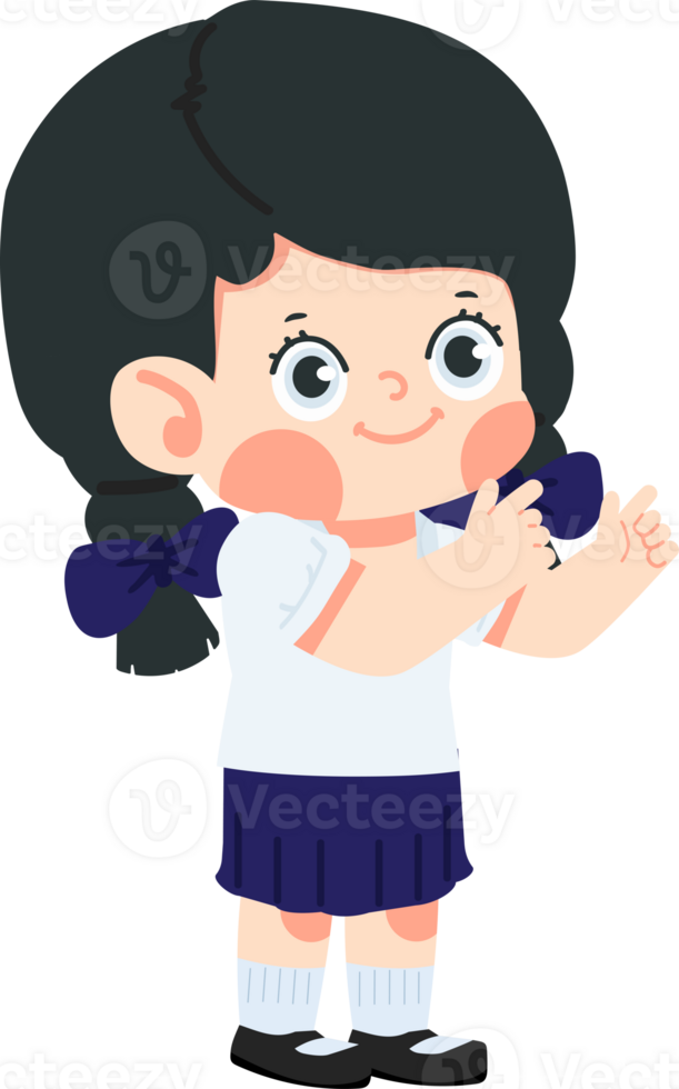Schoolgirl raises both hands pointing cartoon flat png
