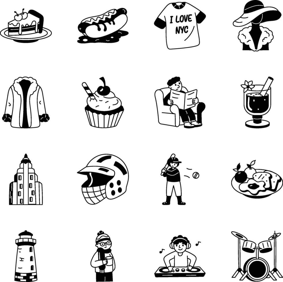 Set of 16 New York Hand Drawn Illustrations vector