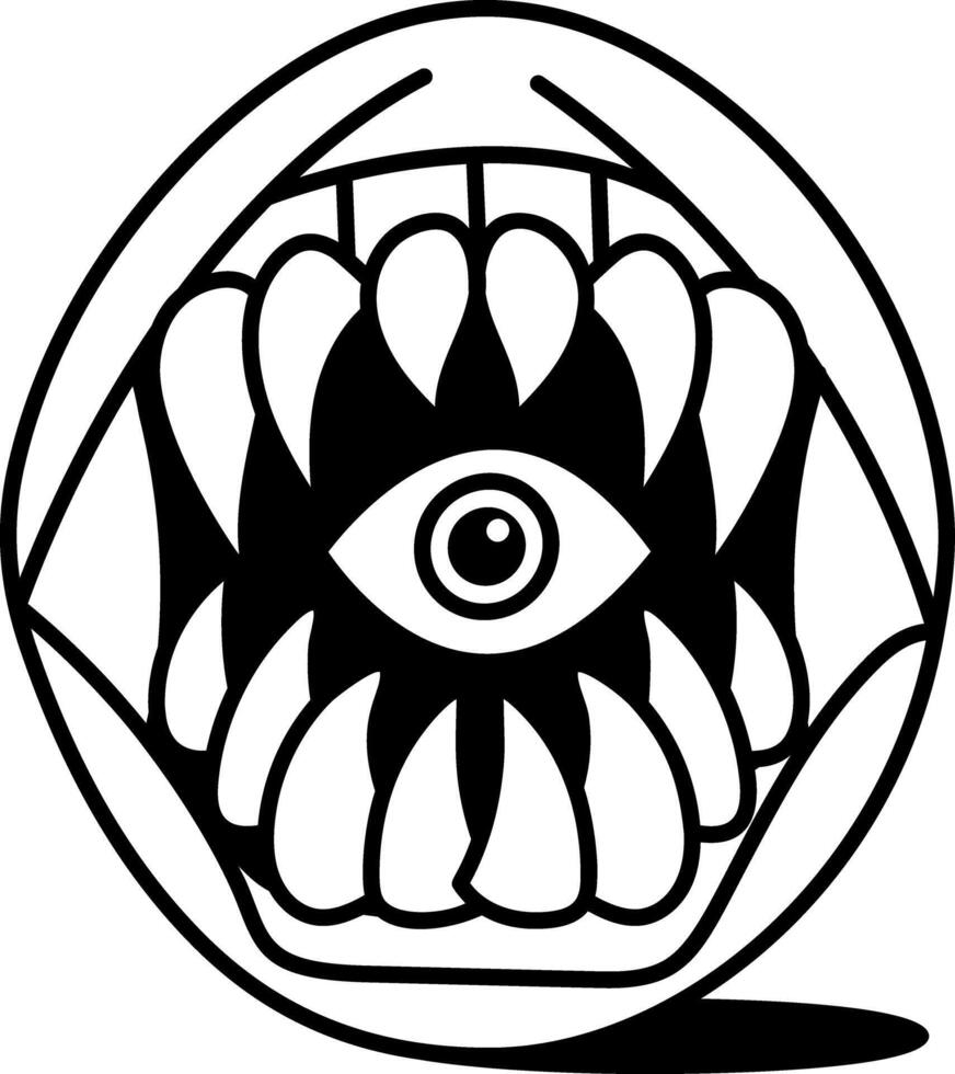 Scary fangs eating an eyeball, doodle icon vector