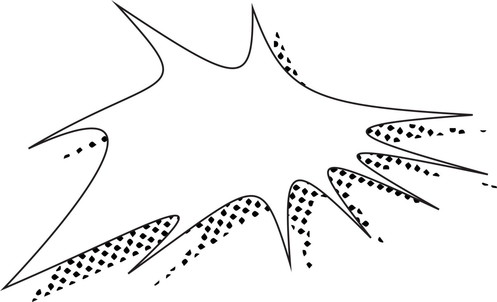 comic-style explosion shapes. Black line art. White background. Dotted shading effect. Starburst designs. Dynamic outlines. Varied shapes. Hand-drawn look. Digital shape. Cartoonish elements png