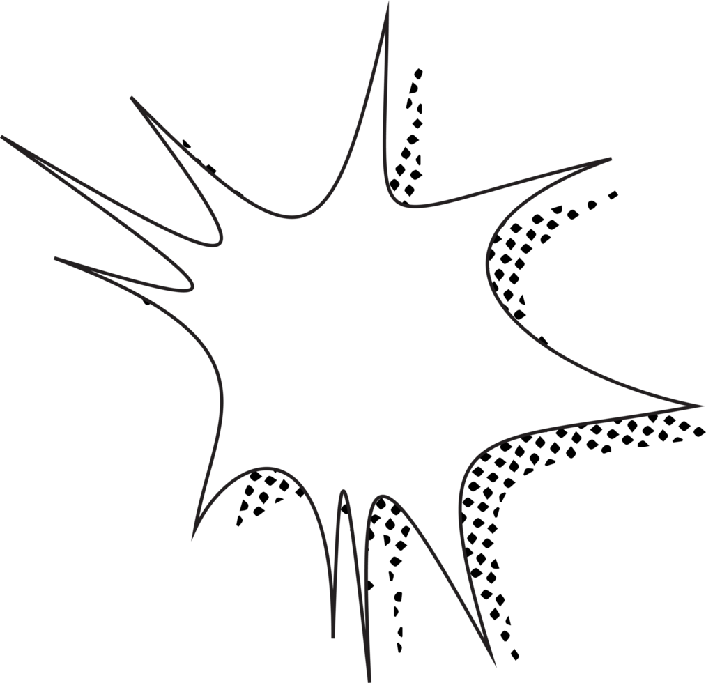 comic-style explosion shapes. Black line art. White background. Dotted shading effect. Starburst designs. Dynamic outlines. Varied shapes. Hand-drawn look. Digital illustration. Comic book element png