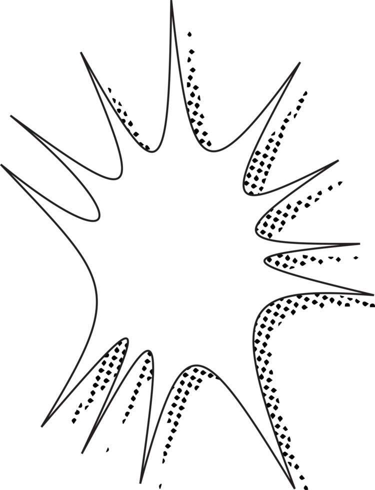 comic-style explosion shapes. Black line art. White background. Dotted shading effect. Starburst designs. Dynamic outlines. Varied shapes. Hand-drawn look. Digital illustration. Cartoonish elements png