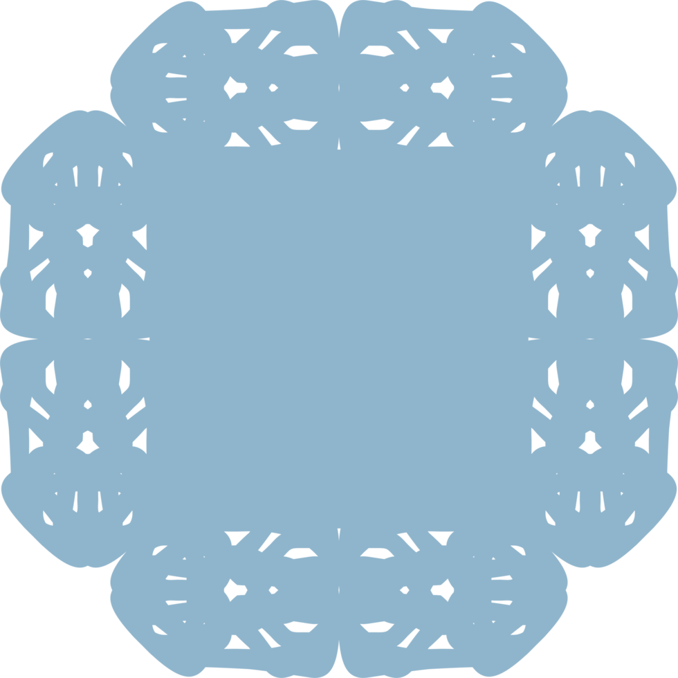 Light blue ornate square design. Symmetrical pattern. Intricate details. Decorative art. Central empty space. Suitable for logos, icons, symbols, frames, borders, backgrounds, patterns, templates. png