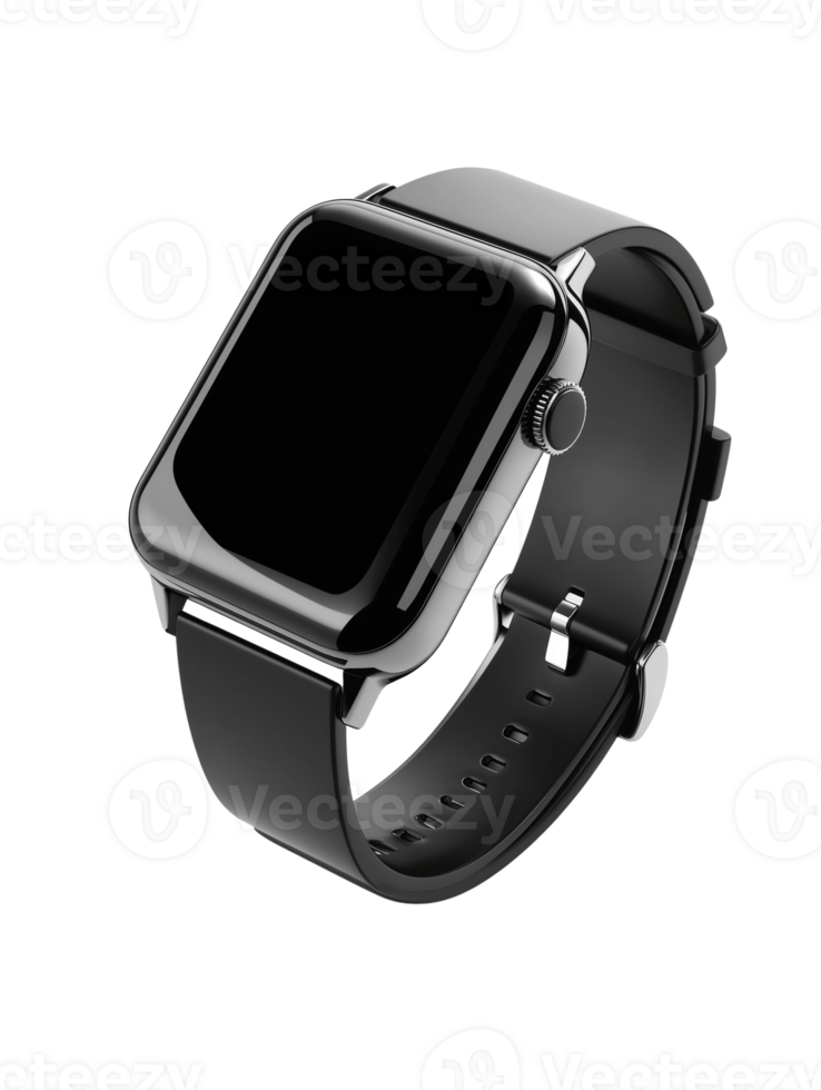 Stylish black smartwatch with a silicone strap and a minimalist design. Perfect for an active lifestyle png