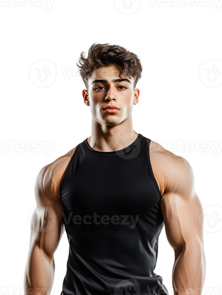 Strong, athletic man in a black tank top. Transparent background png