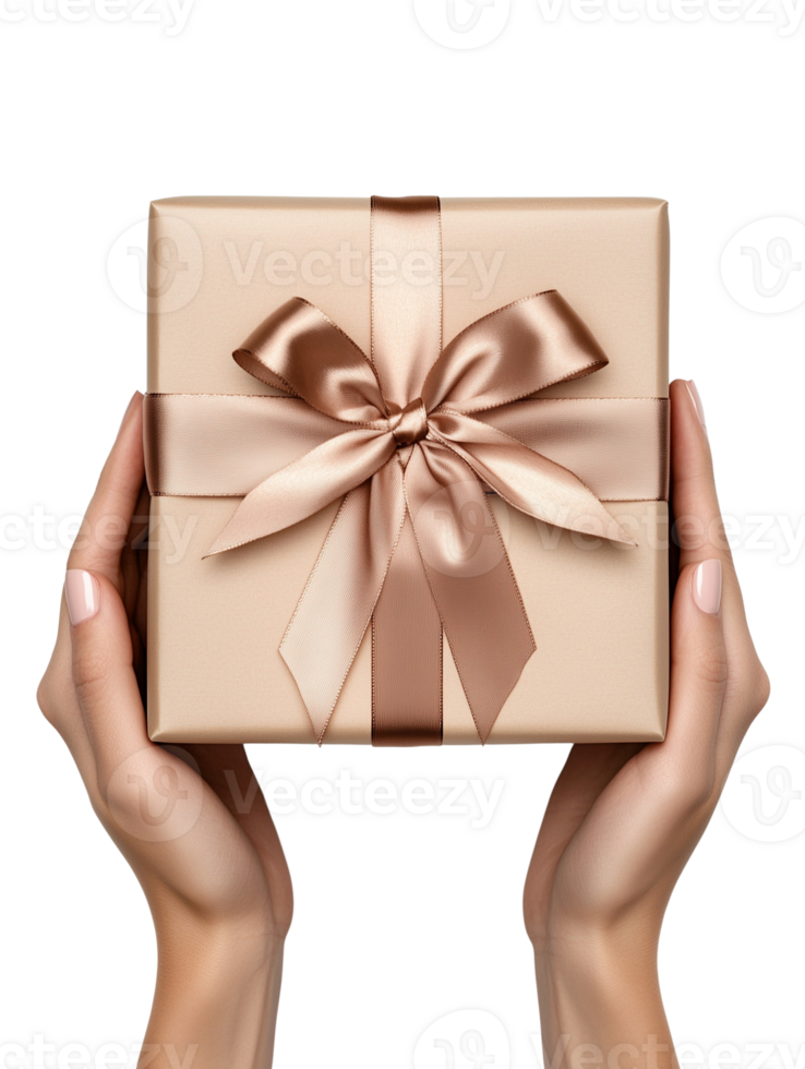 An elegant gift box with a golden ribbon held in female hands. Perfect for advertisements and holiday-themed projects png
