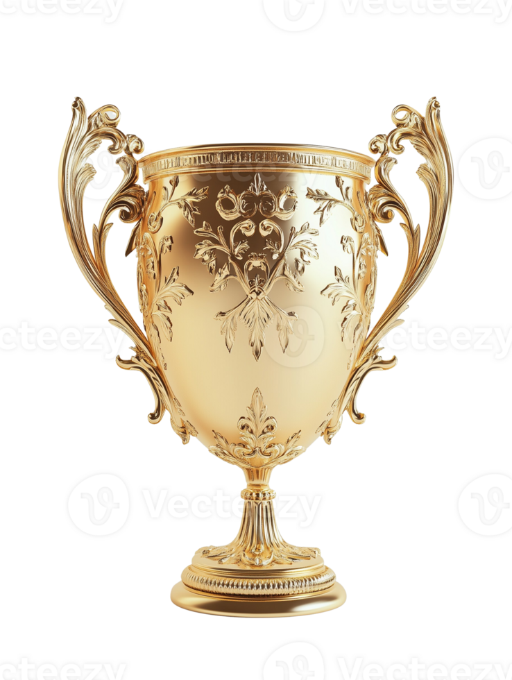High-quality 3D render of a luxurious golden trophy with intricate floral engravings and elegant curved handles png