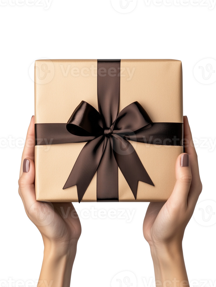 A stylish golden gift box wrapped with a black satin ribbon png