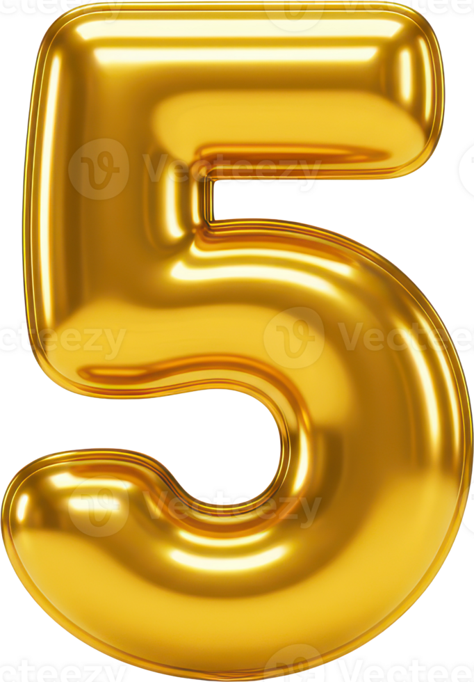 Golden balloon number 5. Shiny and inflatable glass material. Perfect for celebrations, anniversaries, and special events. png