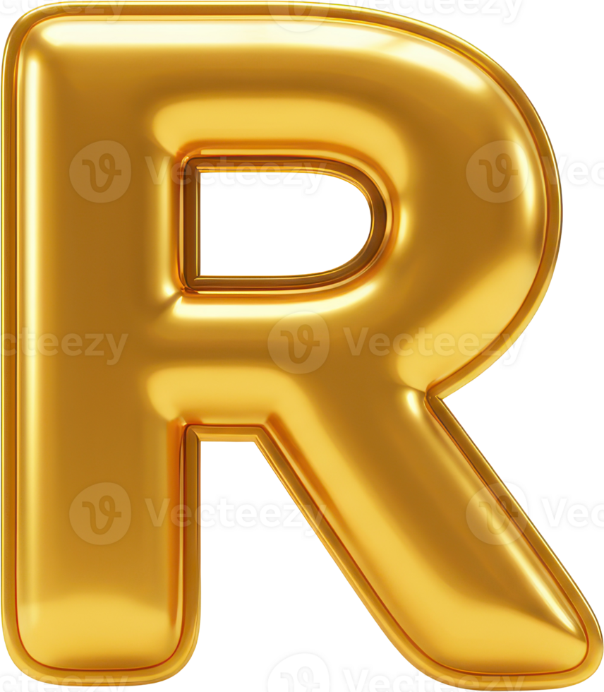Golden balloon letter R. Shiny, inflatable 3D rendering of the letter R. png