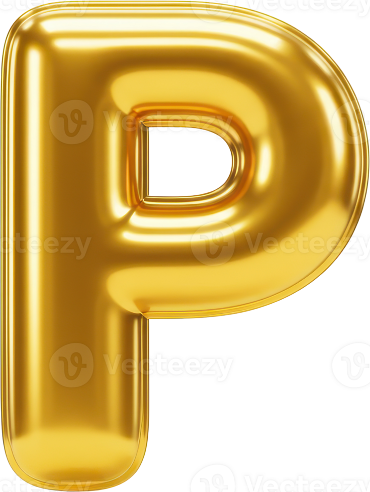 Shiny golden balloon letter P. 3D rendering of a vibrant gold letter designed as a balloon with a shiny inflatable glass material. png