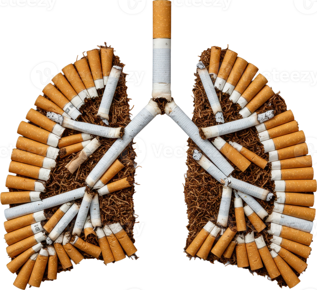 Artistic representation of human lungs made from cigarettes, symbolizing the impact of smoking on health and the dangers of tobacco use. png