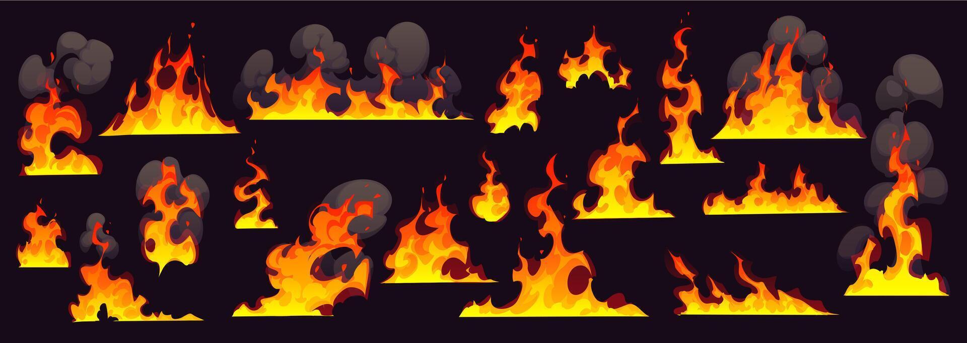 Cartoon isolated fire flames, bonfire with smoke vector