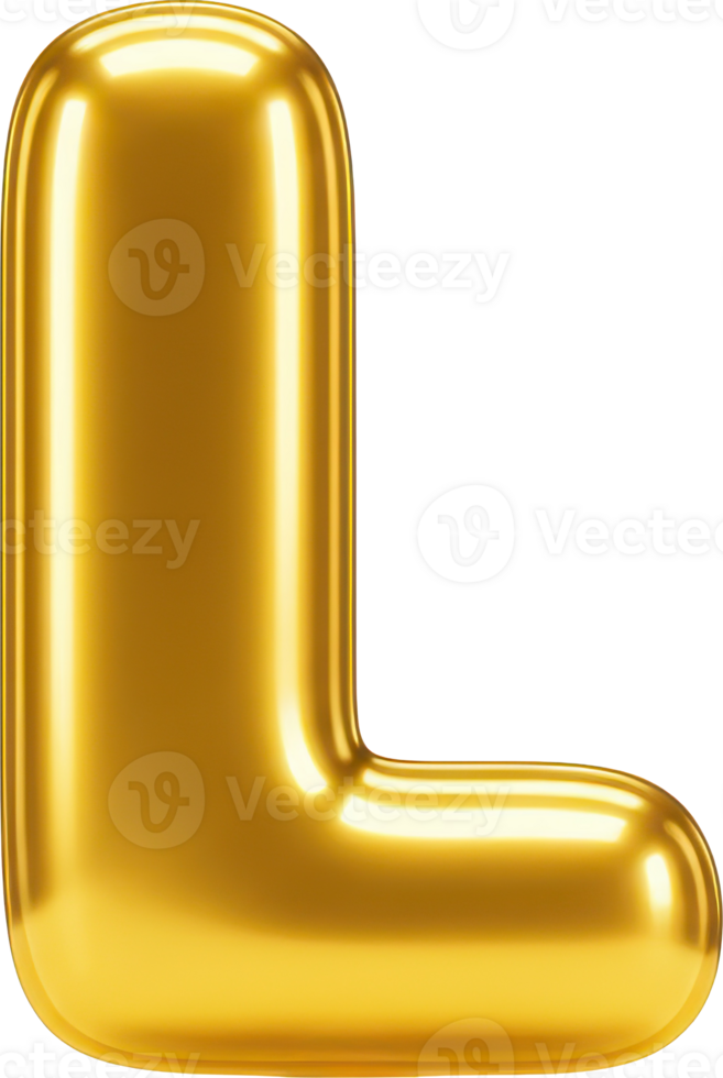Shiny golden balloon letter L. 3D rendering of an inflatable glass material. png