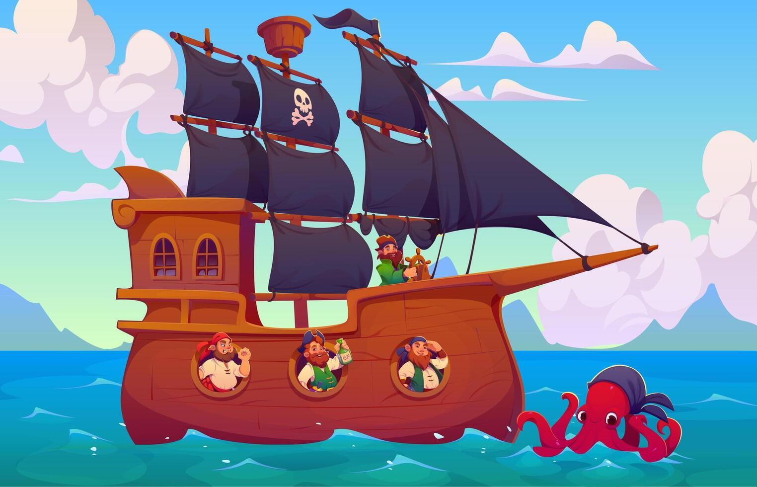Cartoon pirates ship and giant kraken octopus vector