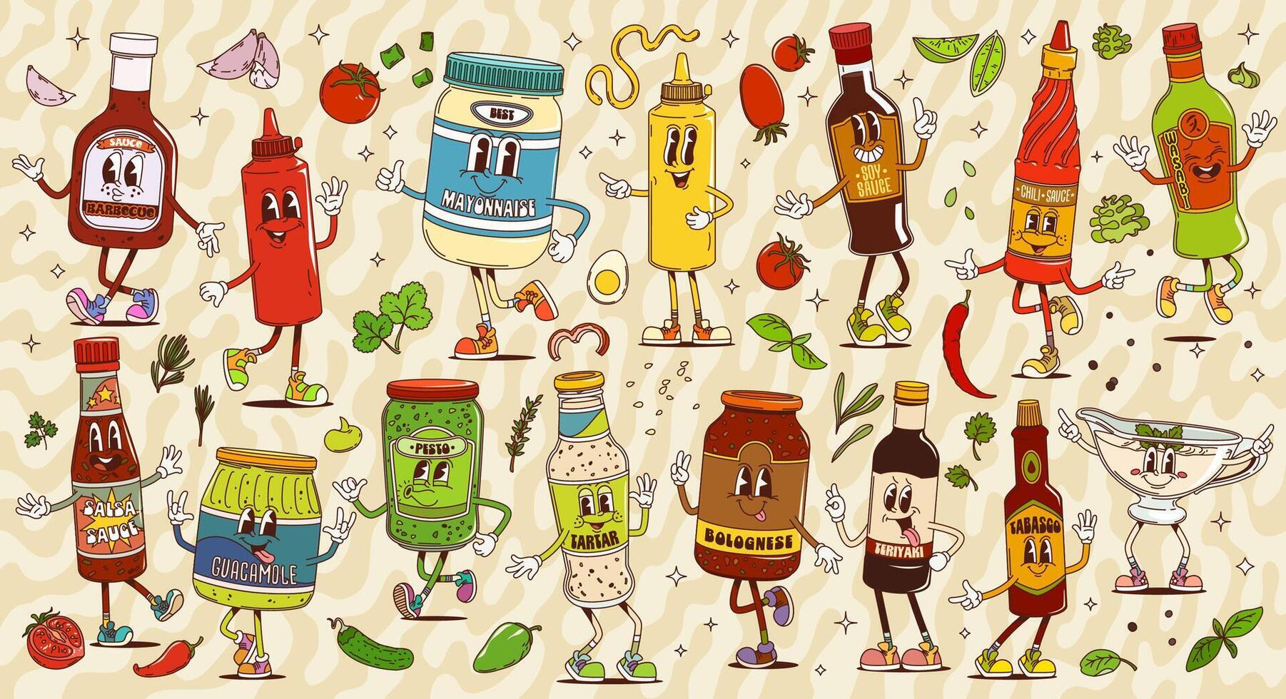 Cartoon groovy sauce bottles and jars characters vector
