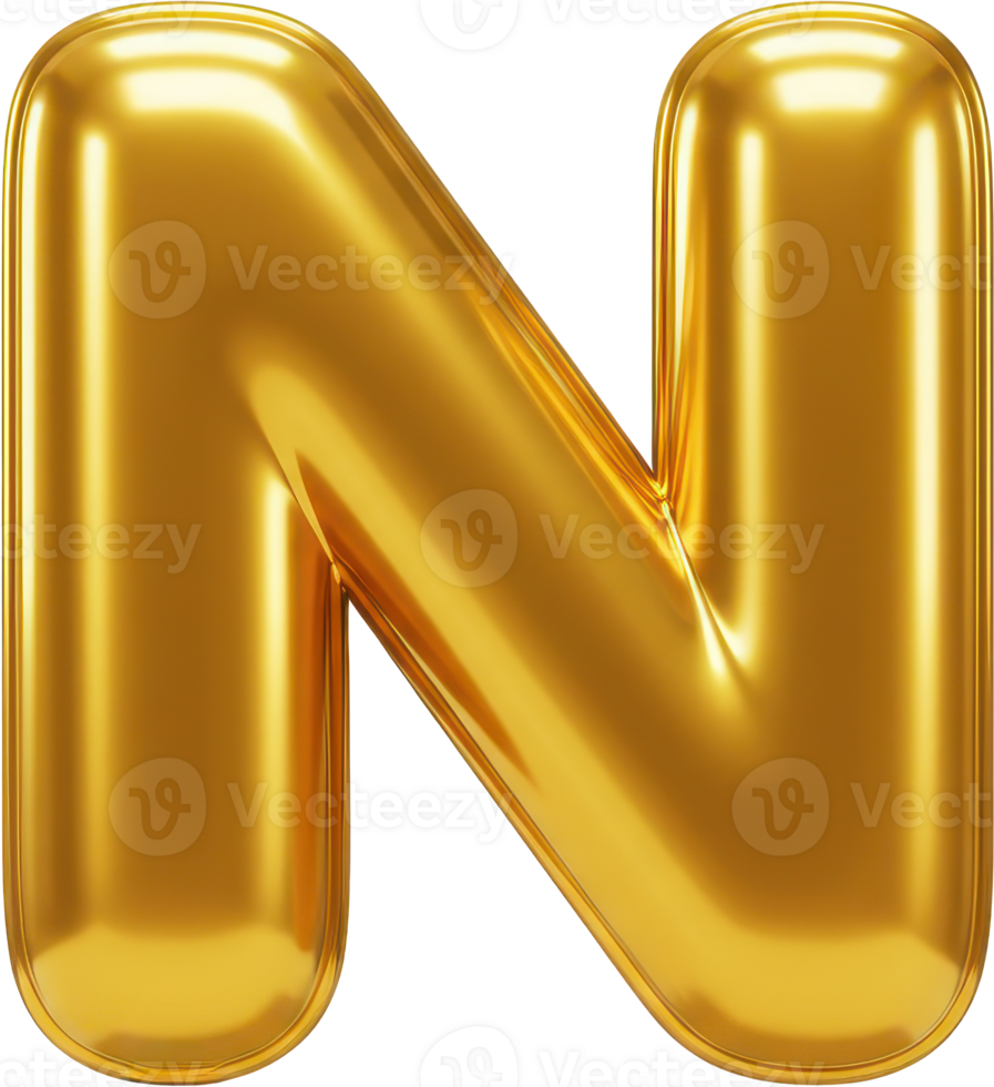 Golden balloon letter N. Shiny, inflatable 3D rendering. png